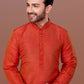 Kurta Pyjama Dupion Silk Orange Embroidered Mens