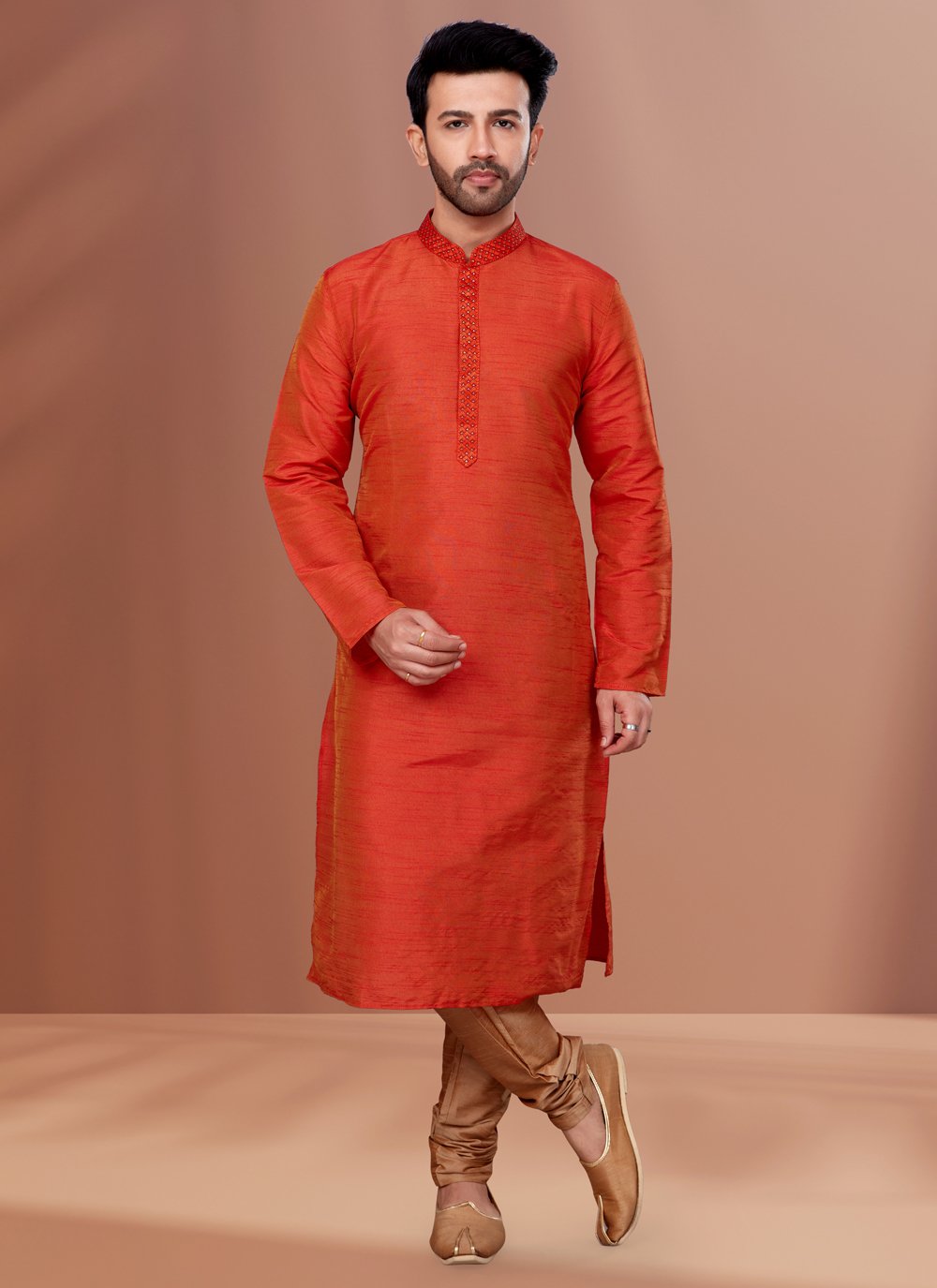 Kurta Pyjama Dupion Silk Orange Embroidered Mens