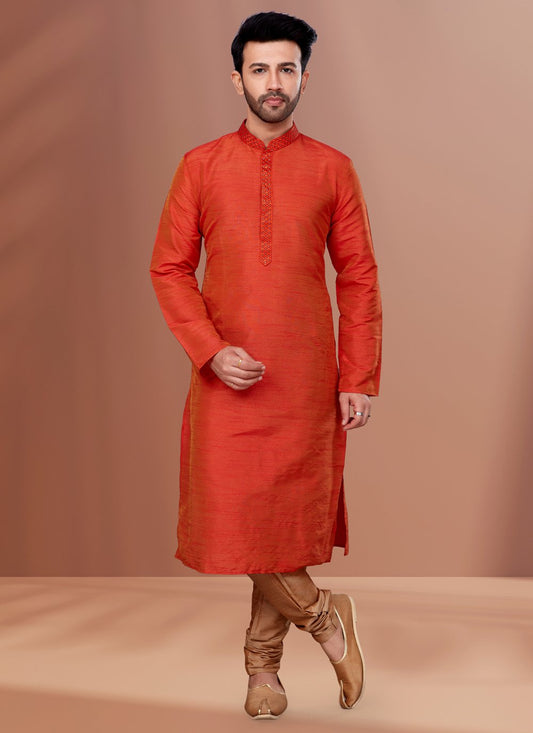 Kurta Pyjama Dupion Silk Orange Embroidered Mens