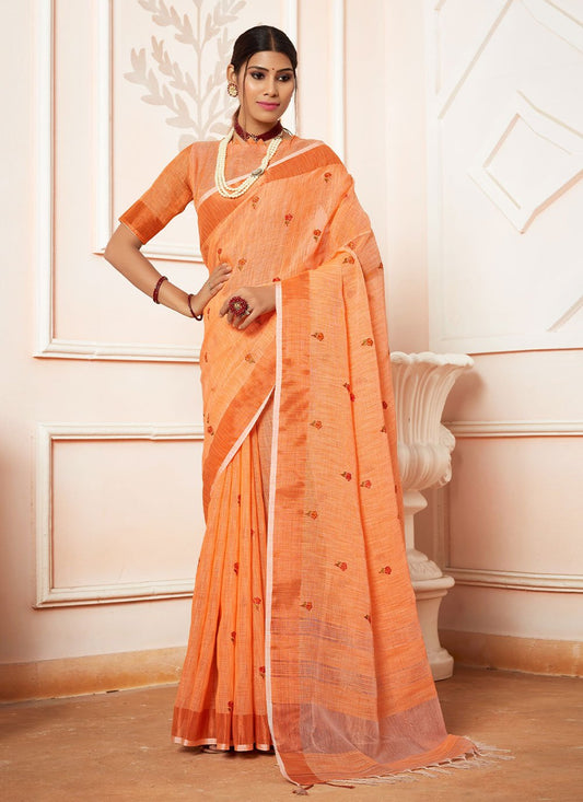 Classic Cotton Linen Orange Embroidered Saree