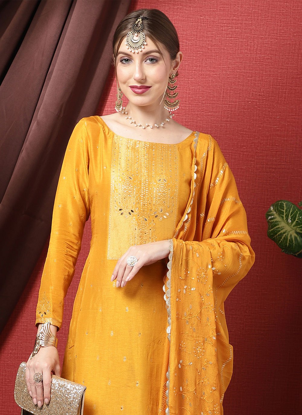 Palazzo Salwar Suit Silk Orange Embroidered Salwar Kameez