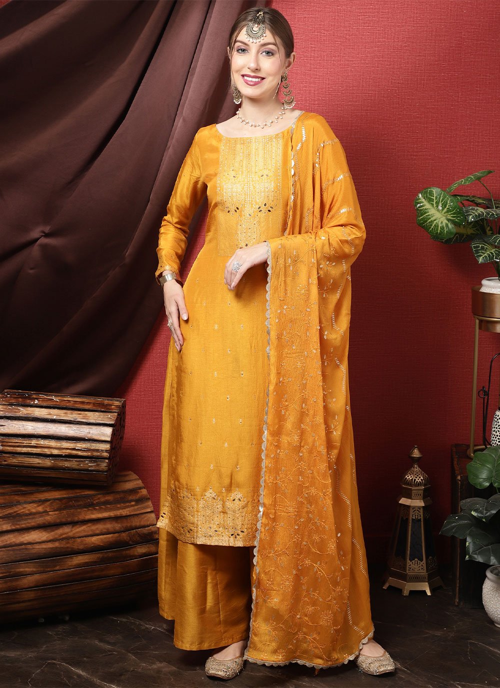 Palazzo Salwar Suit Silk Orange Embroidered Salwar Kameez