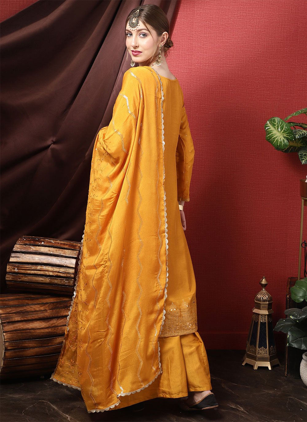 Palazzo Salwar Suit Silk Orange Embroidered Salwar Kameez