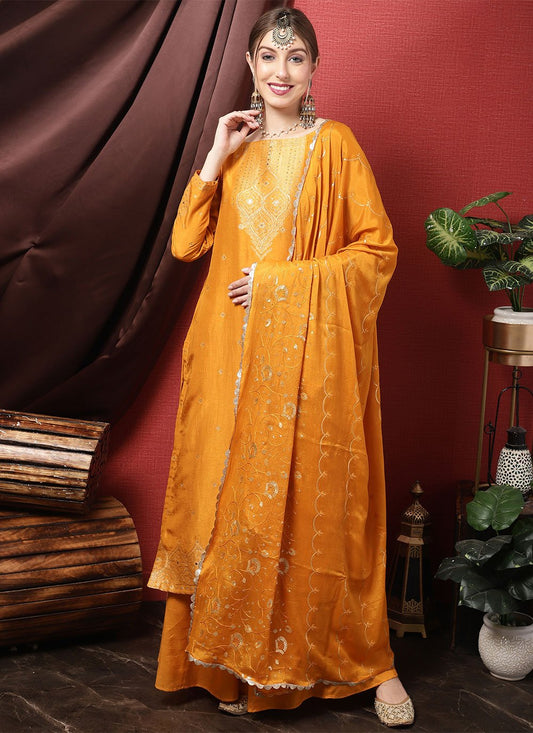 Salwar Suit Silk Orange Embroidered Salwar Kameez