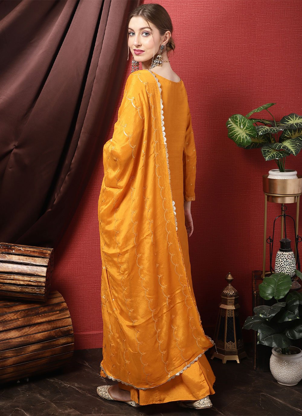 Salwar Suit Silk Orange Embroidered Salwar Kameez