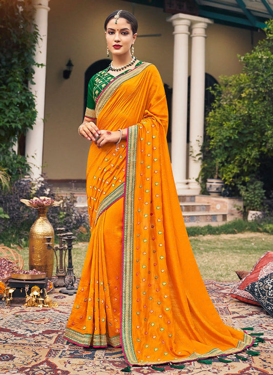 Trendy Saree Vichitra Silk Orange Embroidered Saree