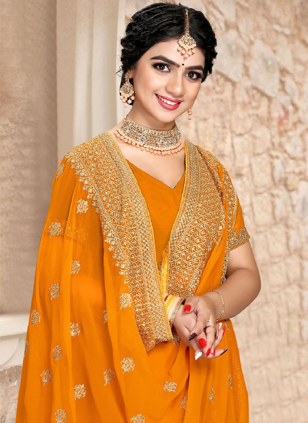 Trendy Saree Georgette Orange Embroidered Saree