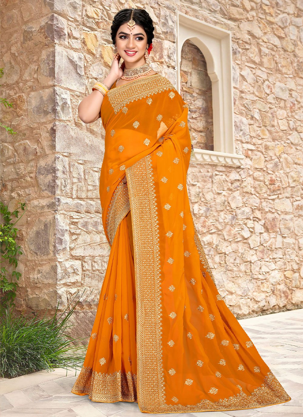 Trendy Saree Georgette Orange Embroidered Saree