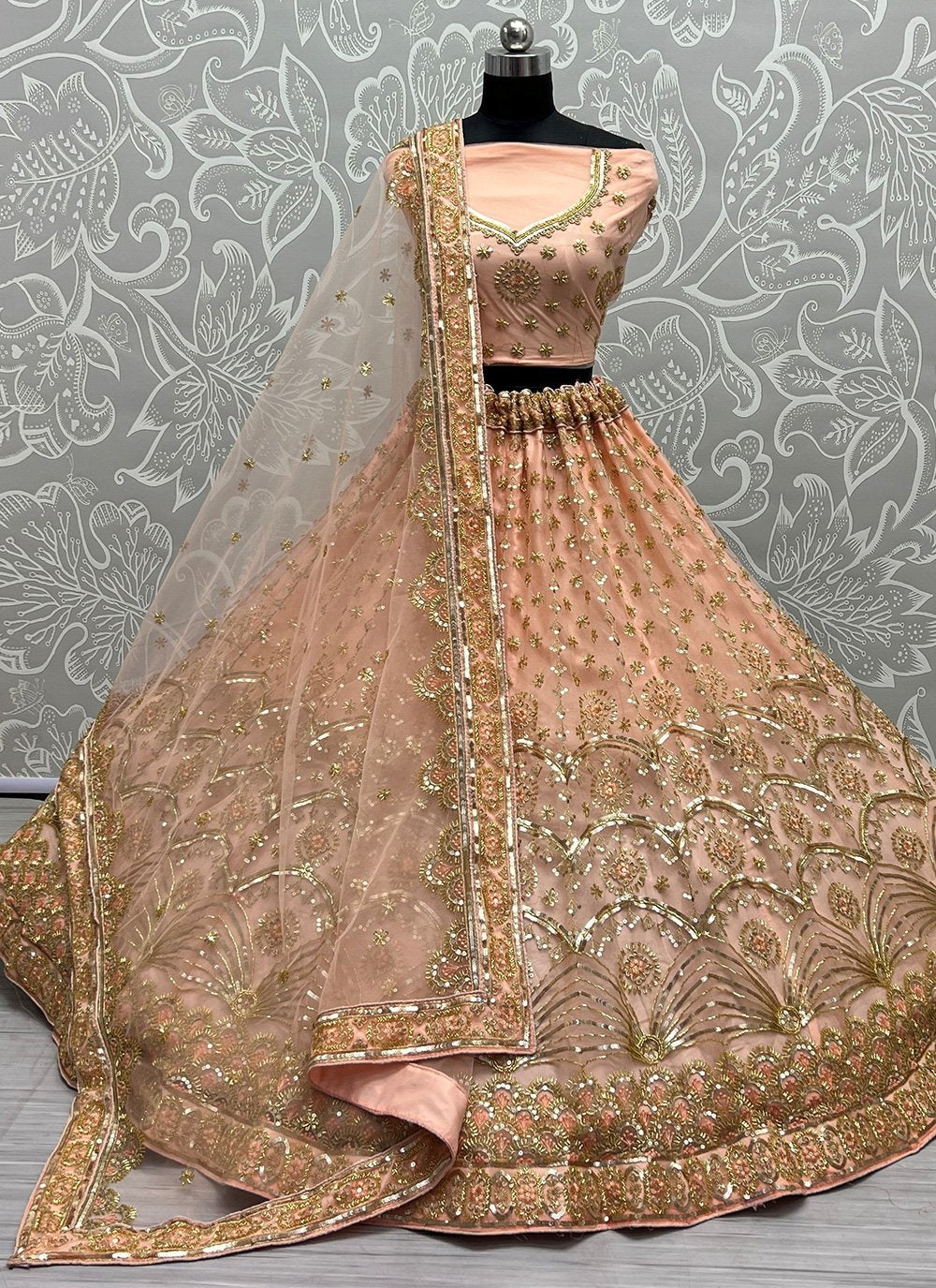 A Line Lehenga Net Orange Embroidered Lehenga Choli