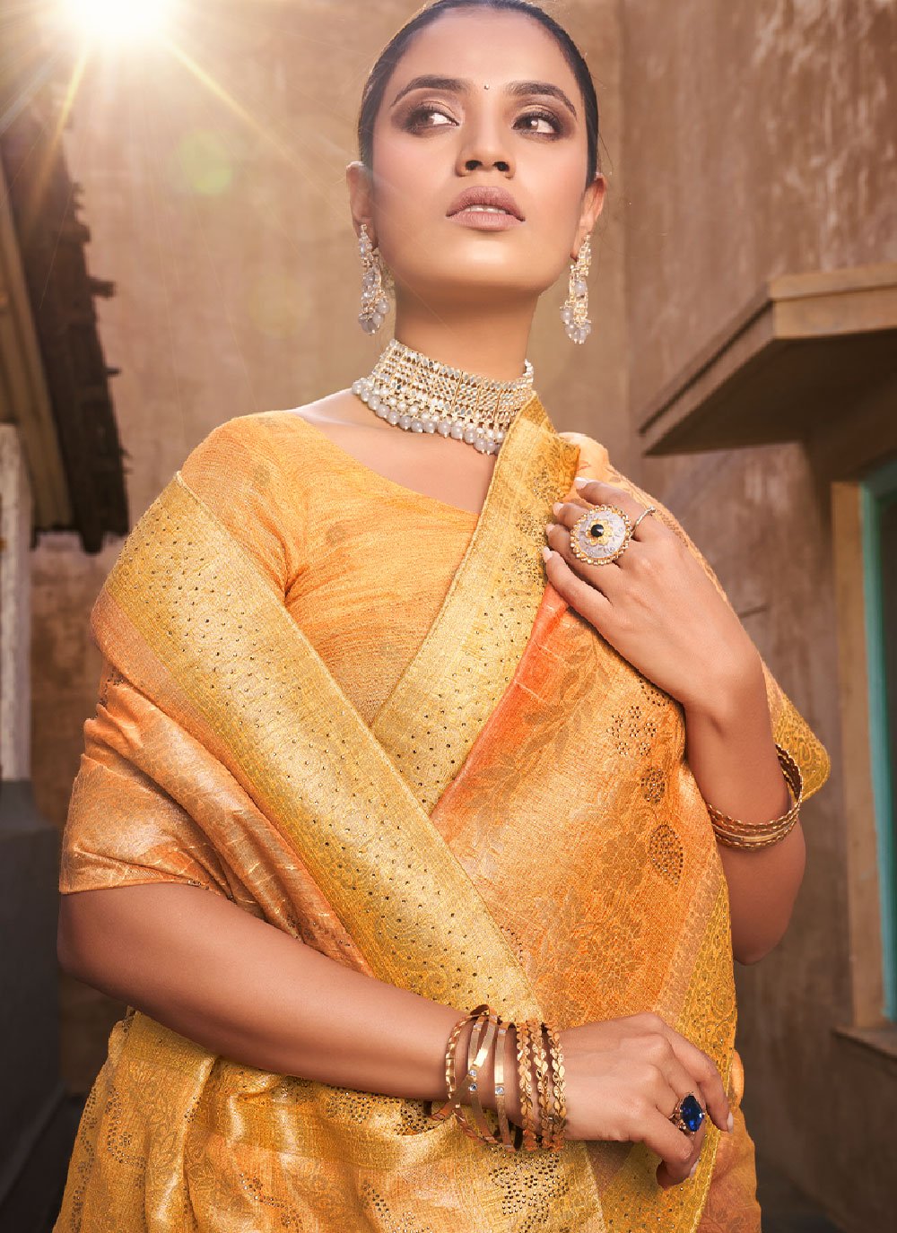 Classic Jacquard Silk Orange Print Saree