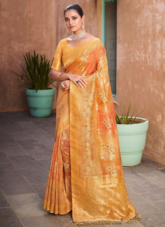 Classic Jacquard Silk Orange Print Saree