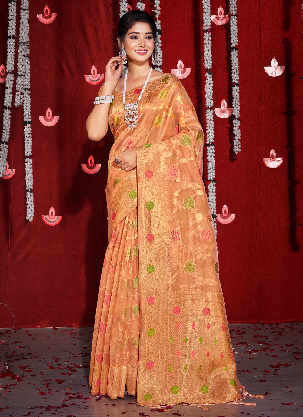 Traditional Saree Organza Orange Embroidered Saree