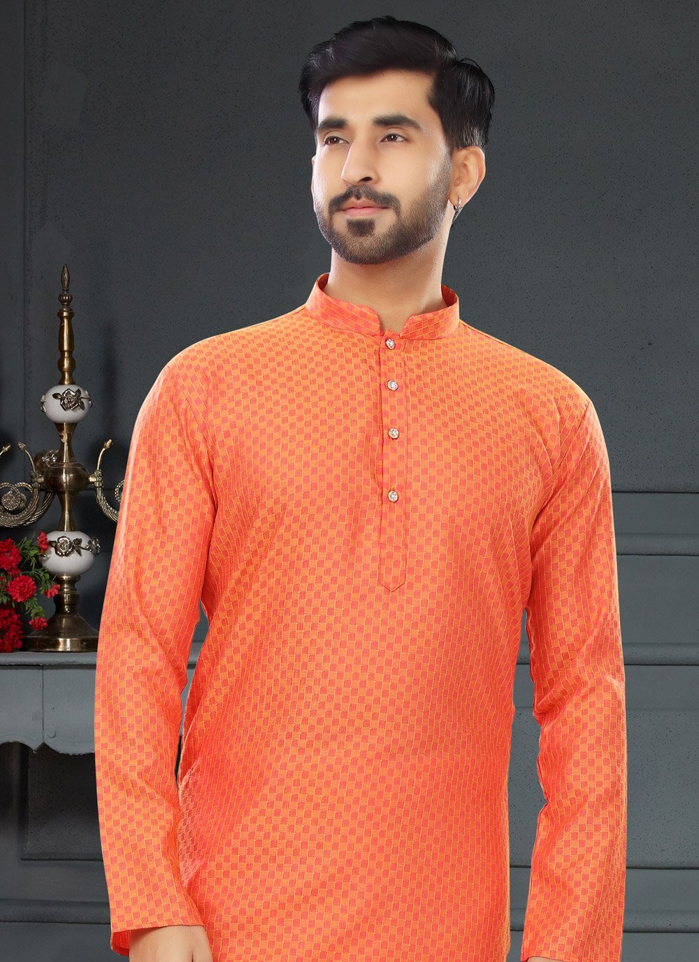 Kurta Pyjama Cotton Jacquard Orange Fancy Work Mens