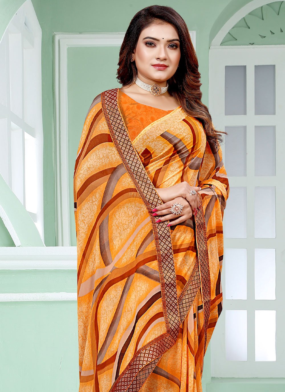 Classic Faux Georgette Orange Patch Border Saree