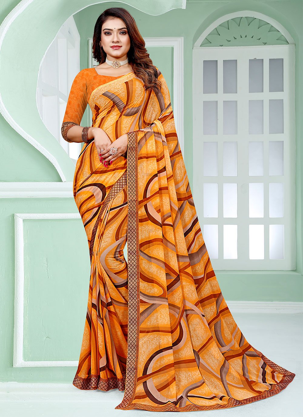 Classic Faux Georgette Orange Patch Border Saree