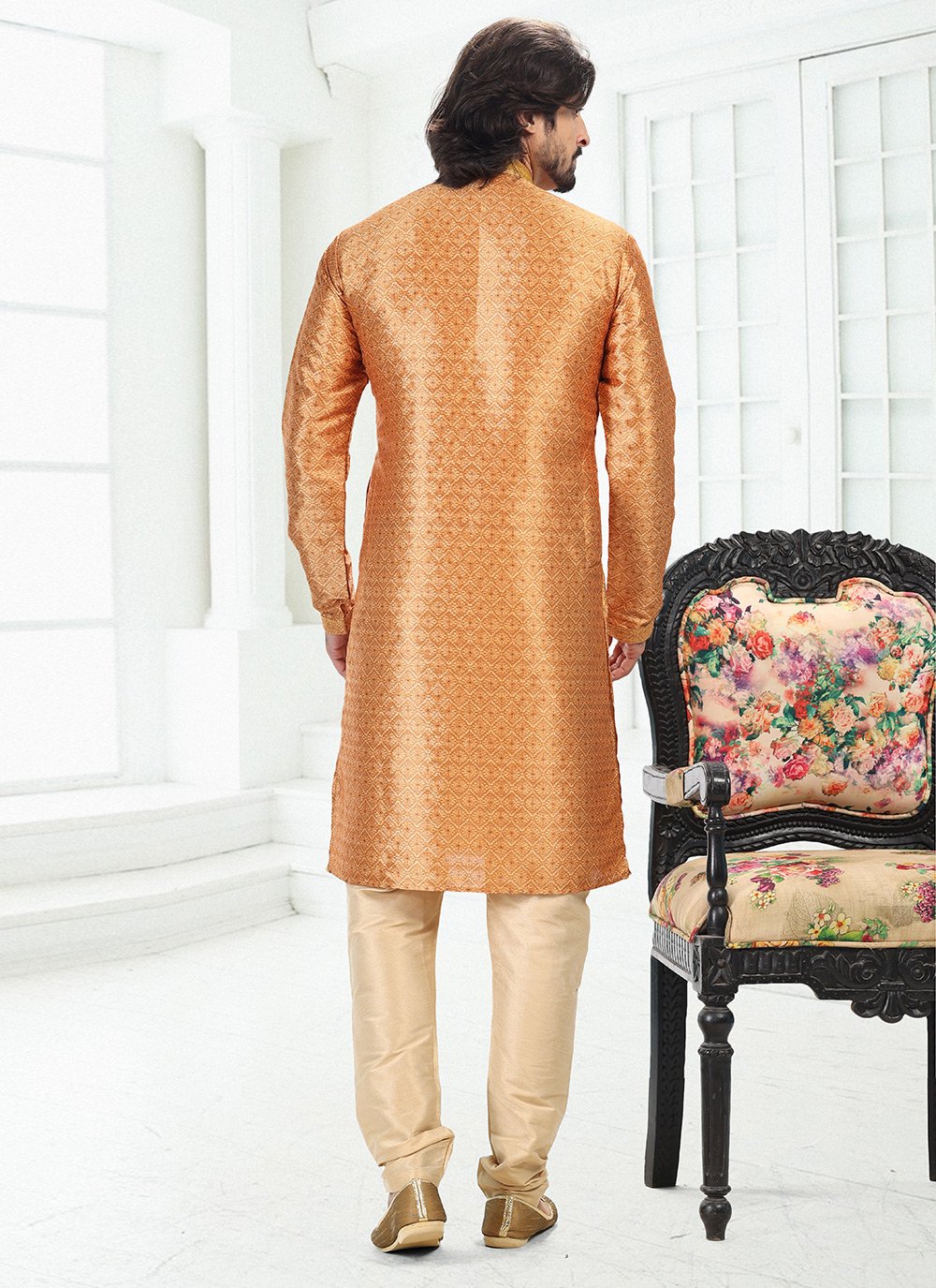 Kurta Pyjama Banarasi Silk Orange Digital Print Mens