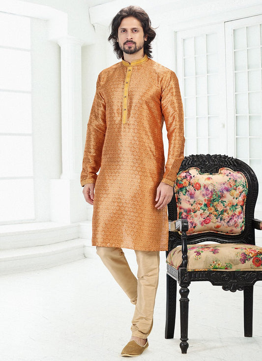 Kurta Pyjama Banarasi Silk Orange Digital Print Mens