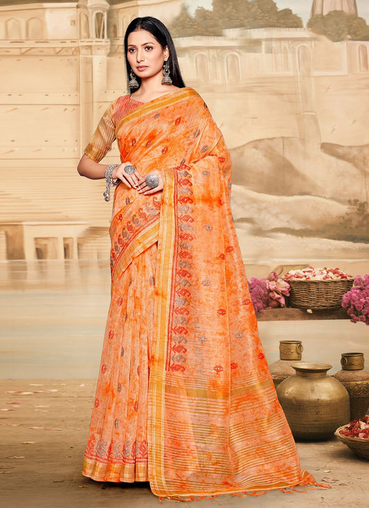 Contemporary Cotton Linen Orange Embroidered Saree