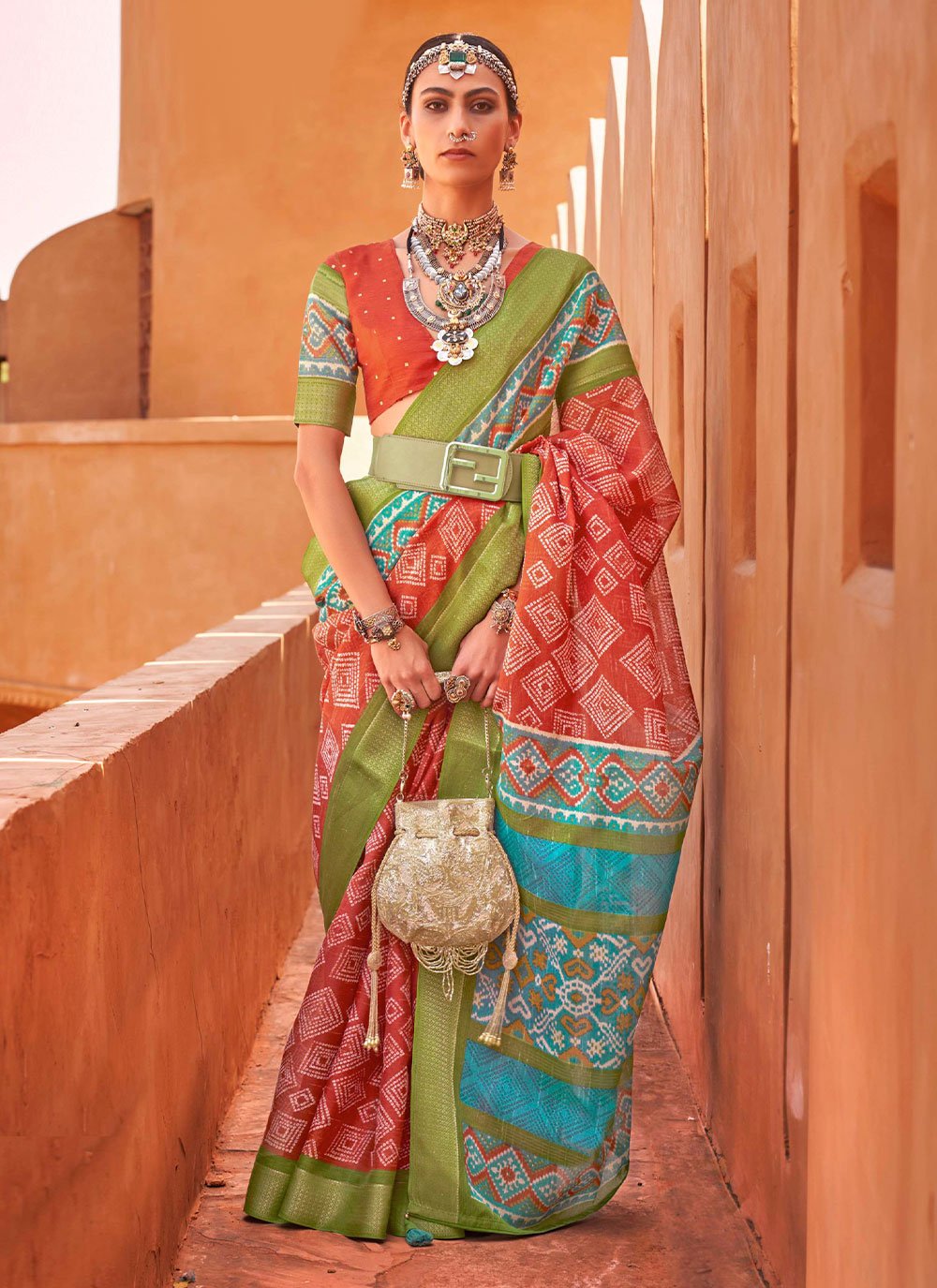 Contemporary Cotton Silk Orange Foil Print Saree