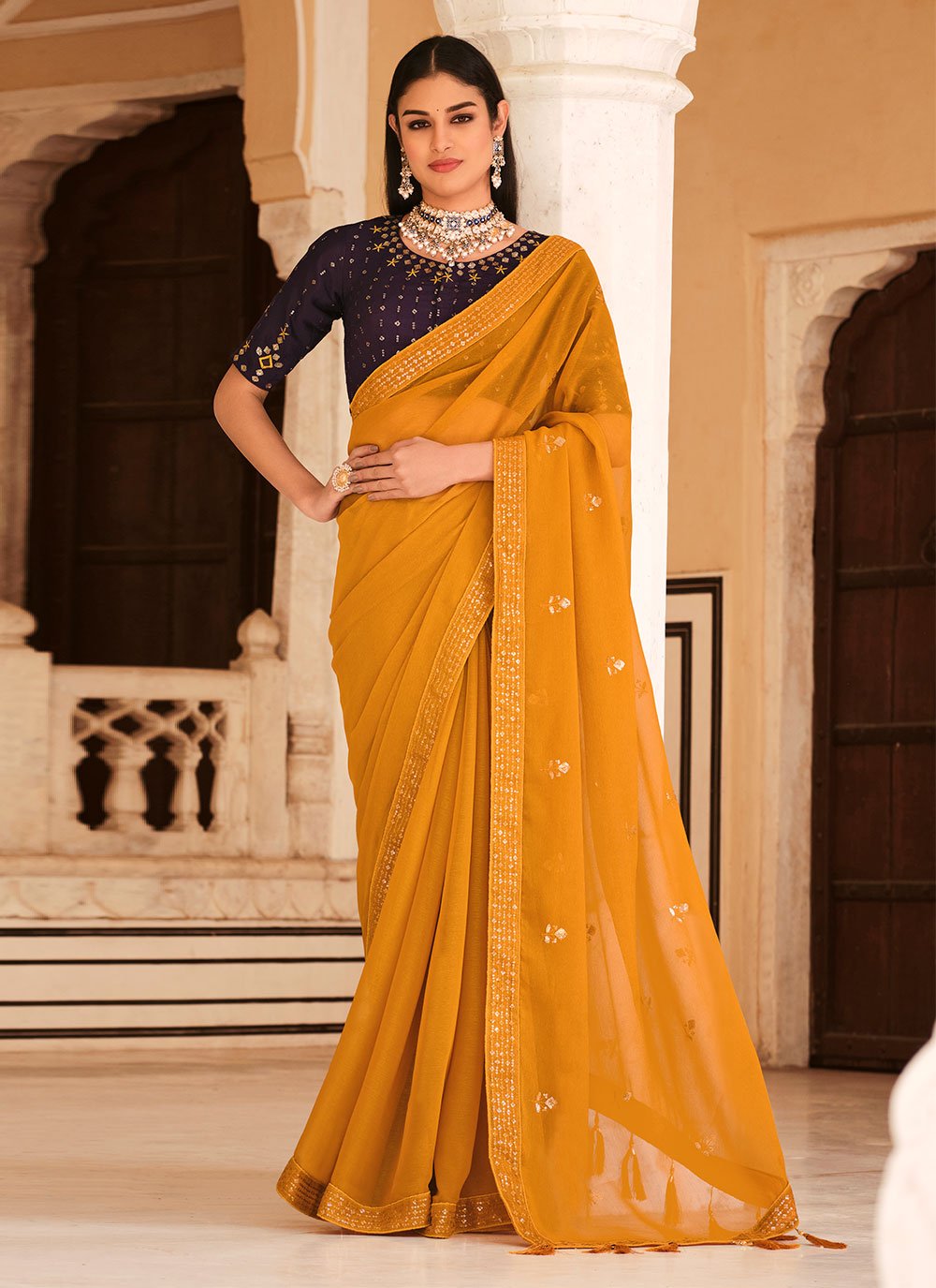 Designer Chinon Orange Sequins Saree