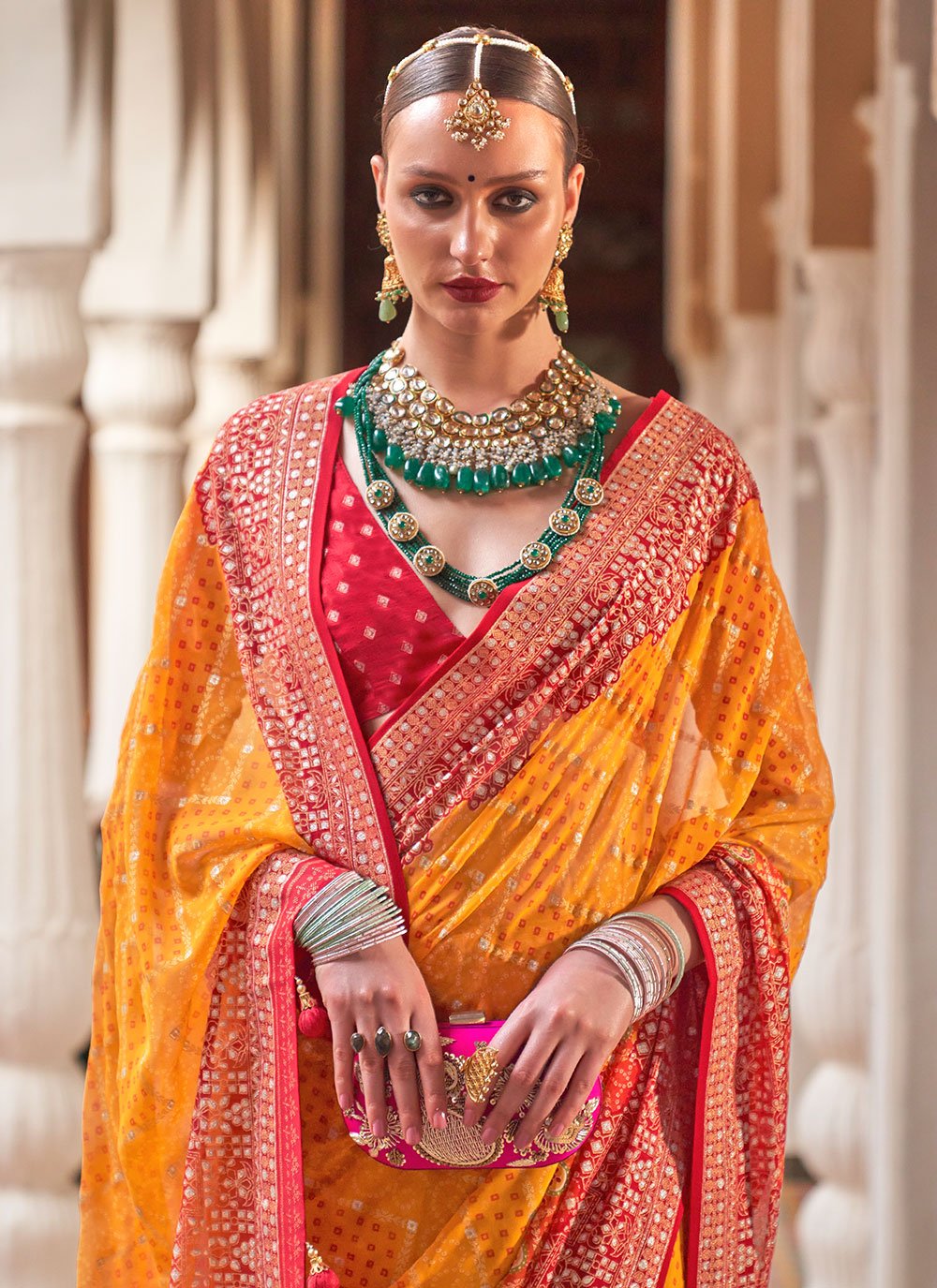 Classic Georgette Orange Patch Border Saree