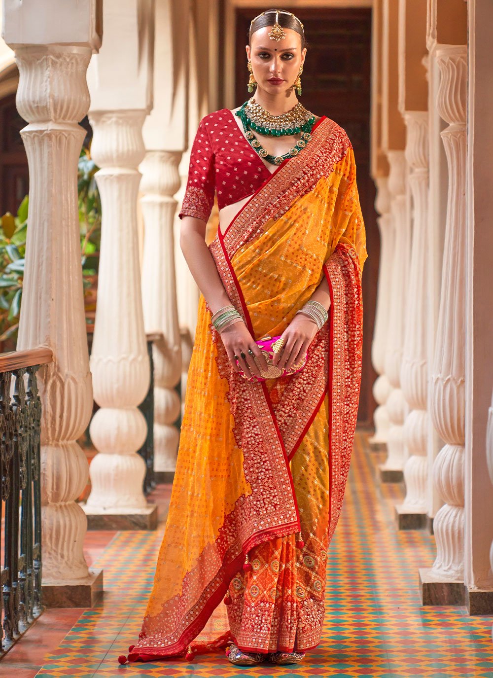 Classic Georgette Orange Patch Border Saree