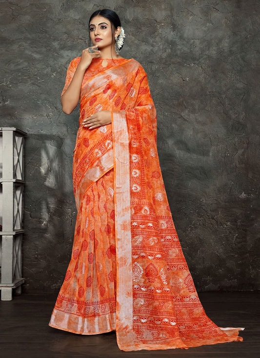 Classic Cotton Linen Orange Foil Print Saree