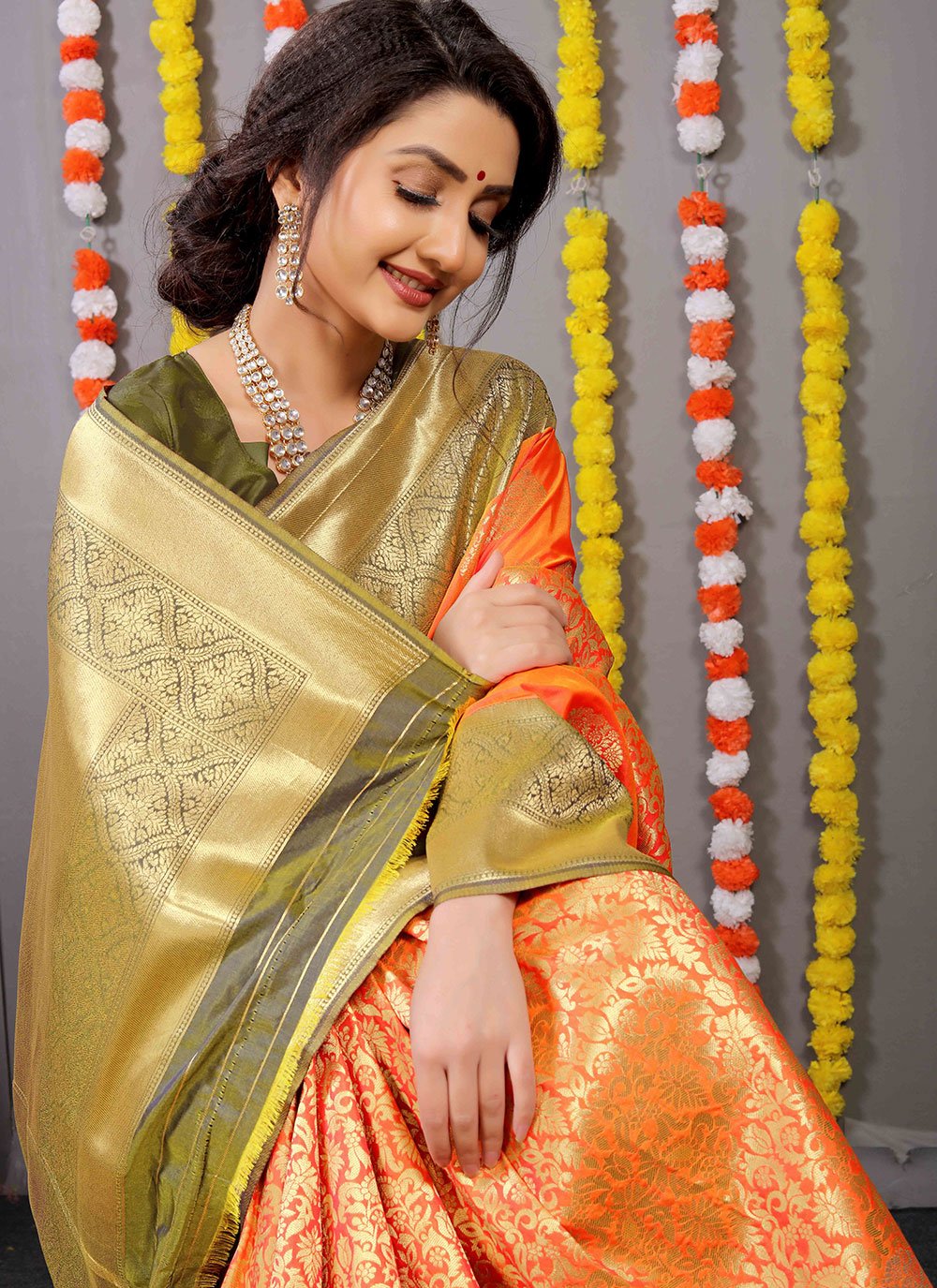 Classic Banarasi Silk Orange Weaving Saree