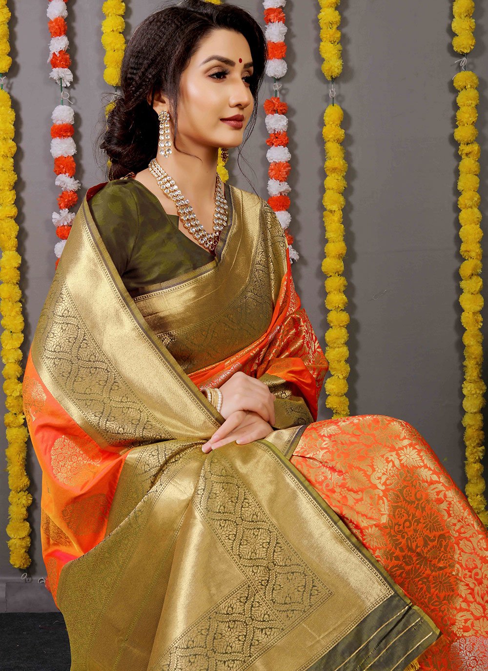 Classic Banarasi Silk Orange Weaving Saree