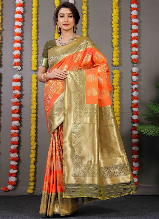 Classic Banarasi Silk Orange Weaving Saree