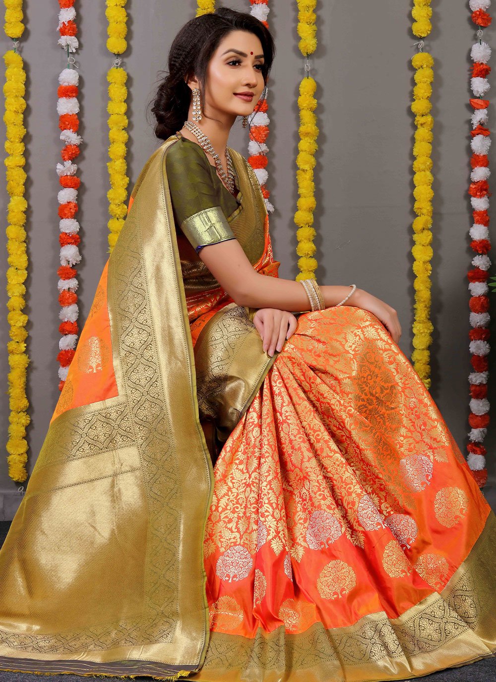 Classic Banarasi Silk Orange Weaving Saree