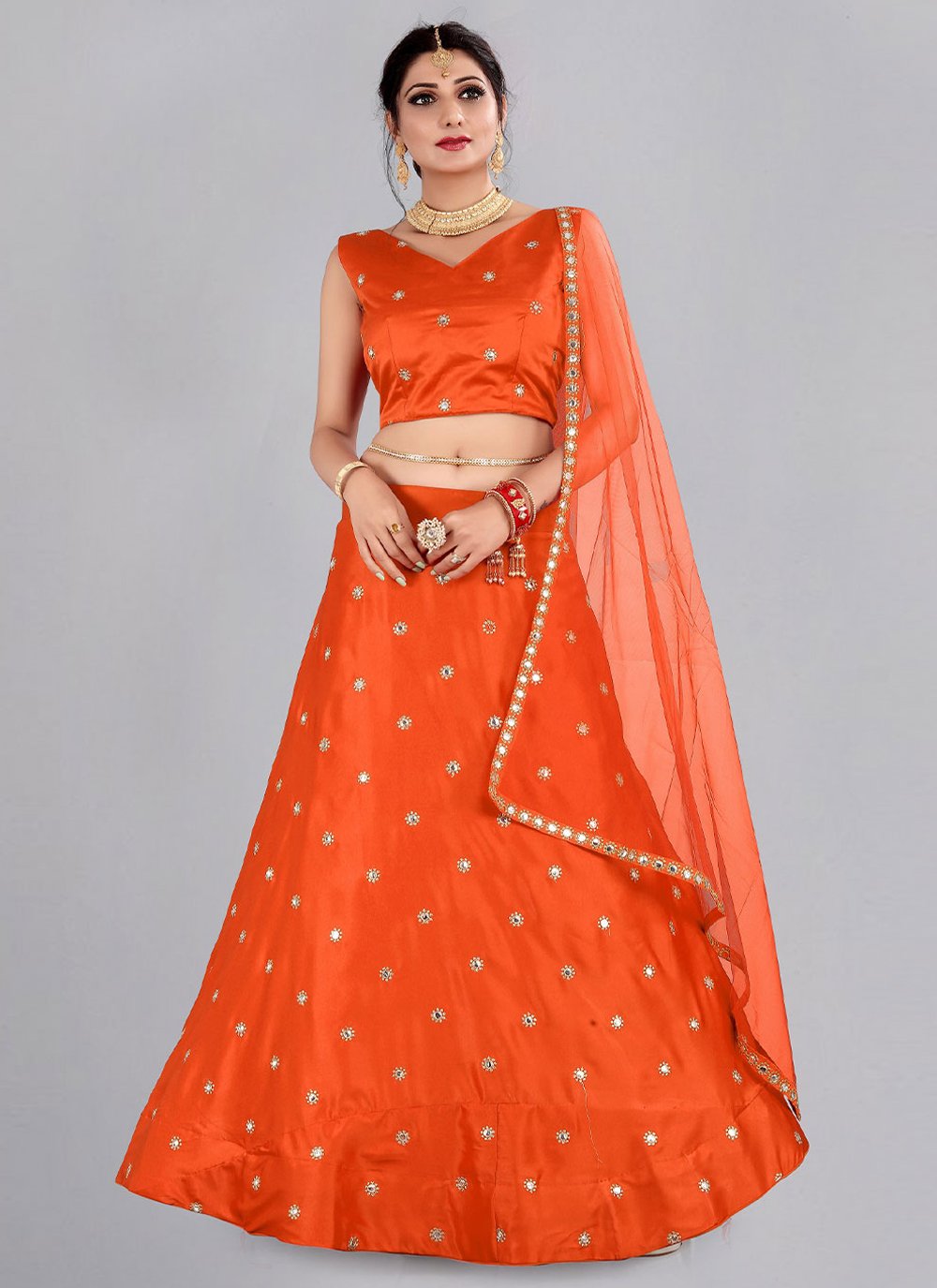 A Line Lehenga Tafeta Silk Orange Mirror Lehenga Choli