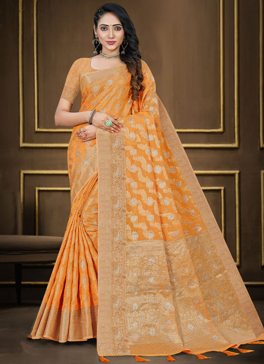 Trendy Saree Cotton Silk Orange Woven Saree