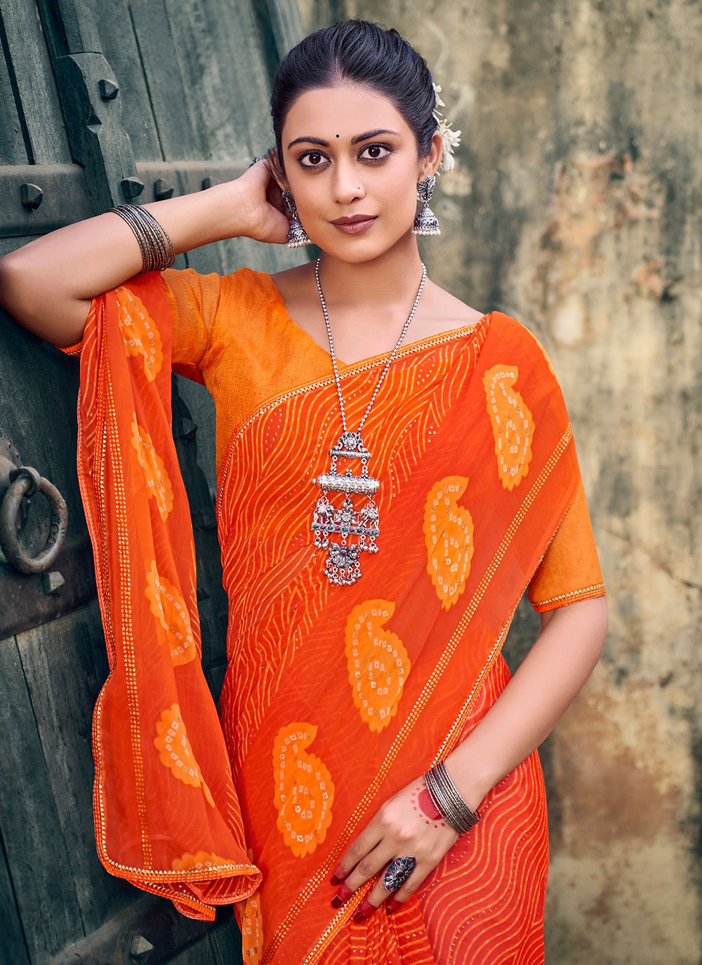 Trendy Saree Chiffon Orange Foil Print Saree