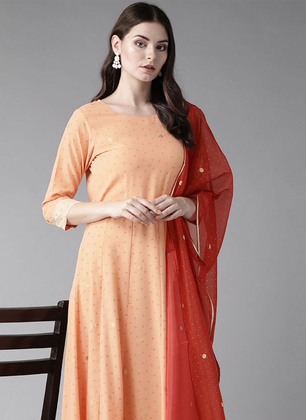 Designer Kurti Crepe Silk Orange Foil Print Kurtis