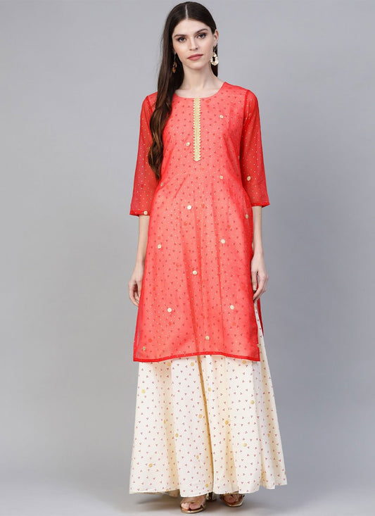 Party Wear Kurti Crepe Silk Orange Foil Print Kurtis