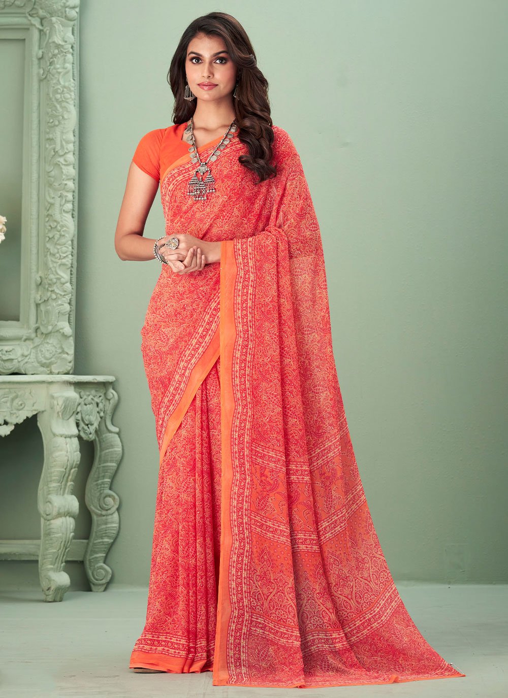 Contemporary Georgette Orange Print Saree