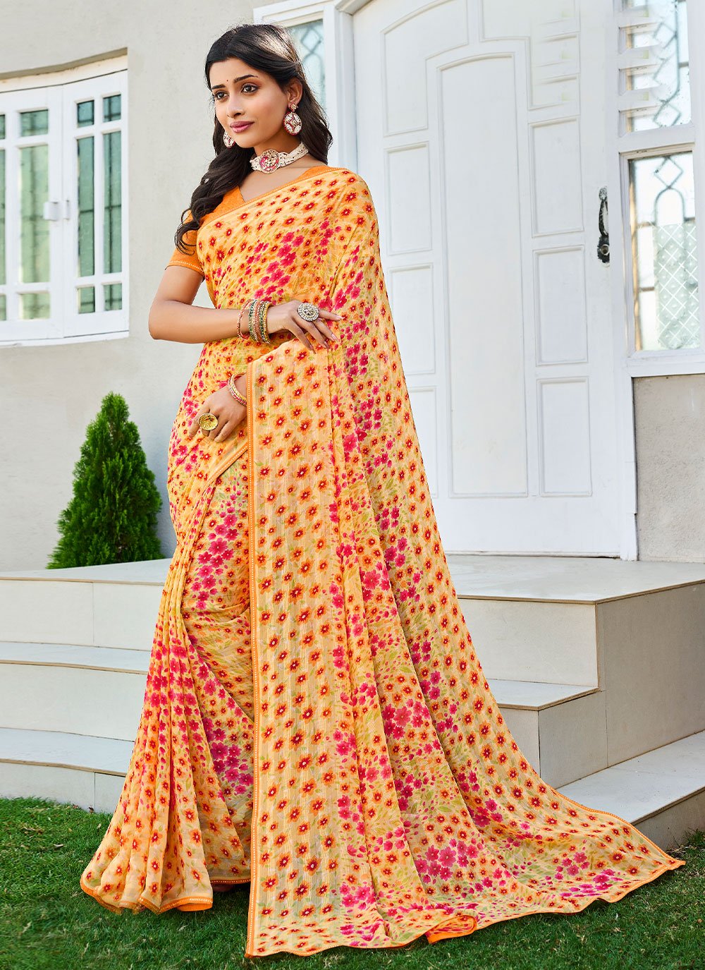 Classic Designer Georgette Orange Fancy Work Saree