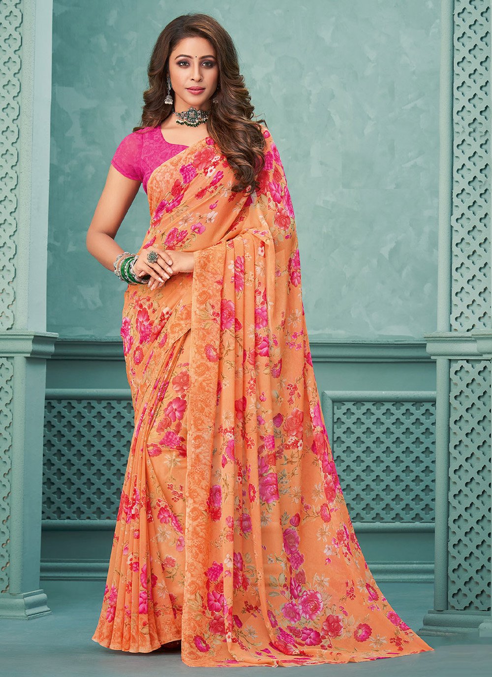 Printed Saree Georgette Orange Floral Patch Saree