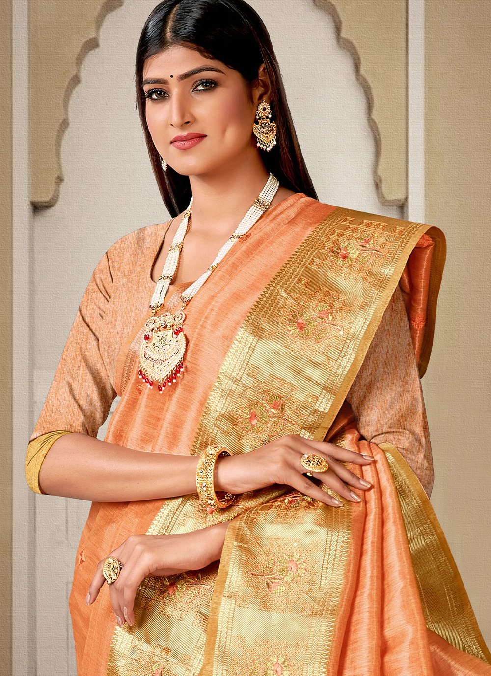 Contemporary Handloom Silk Orange Embroidered Saree