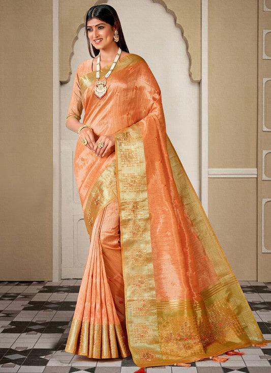 Contemporary Handloom Silk Orange Embroidered Saree