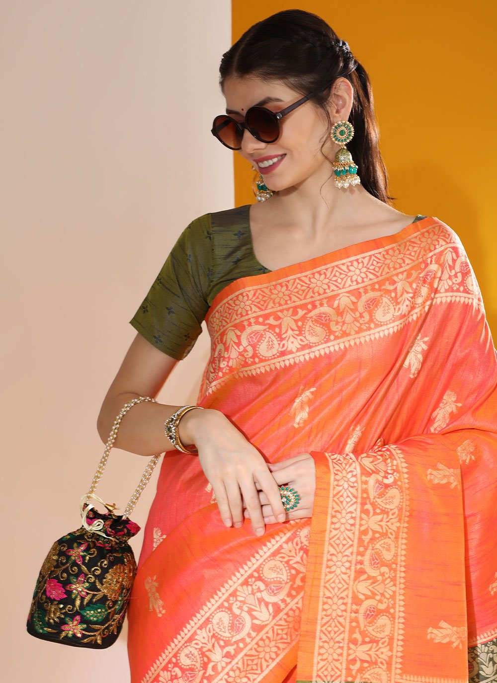 Contemporary Handloom Silk Orange Woven Saree