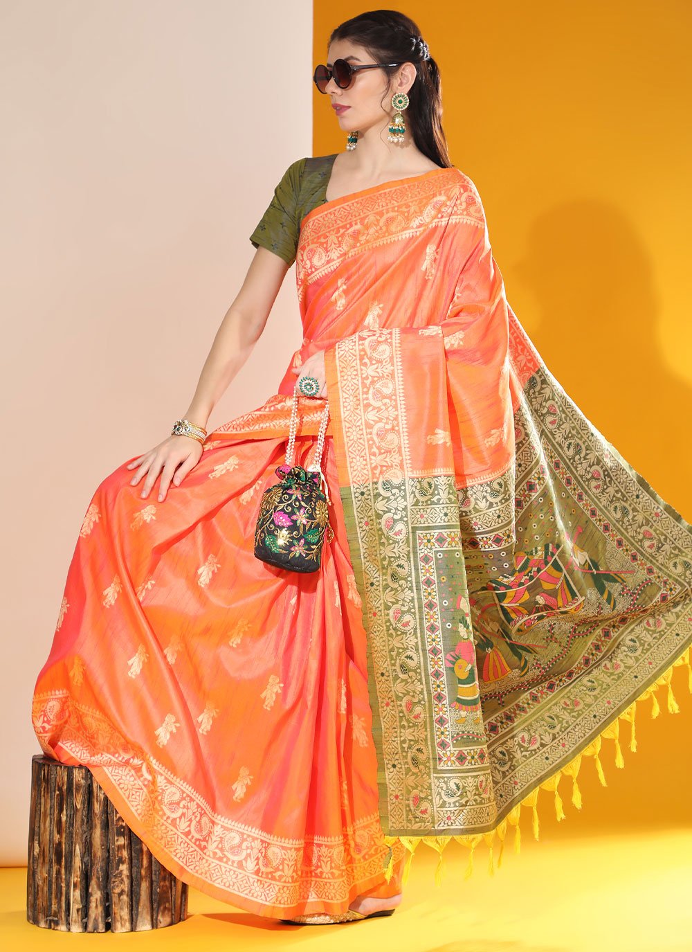 Contemporary Handloom Silk Orange Woven Saree