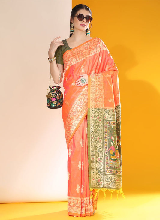 Contemporary Handloom Silk Orange Woven Saree