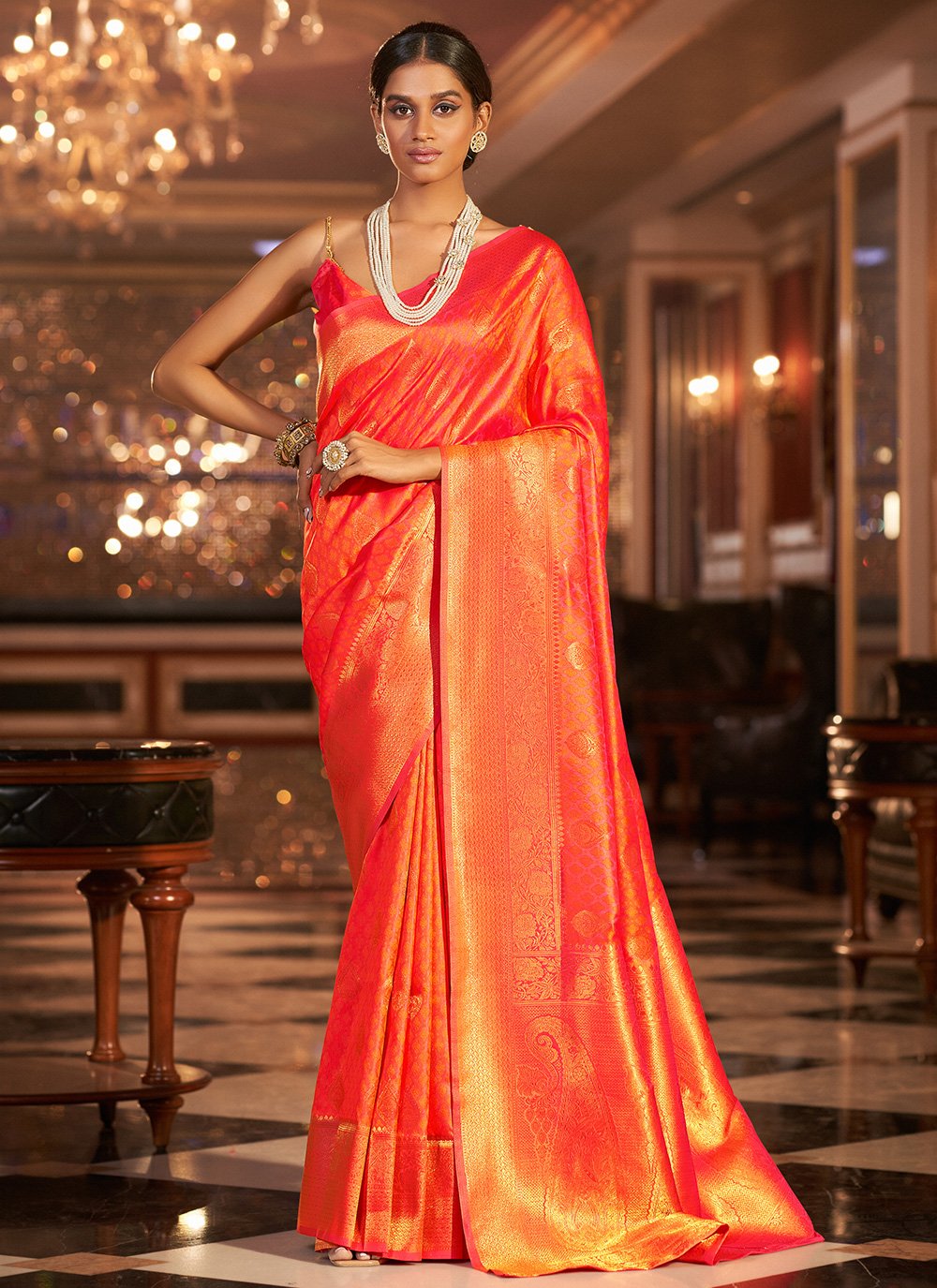 Designer Handloom Silk Orange Weaving Saree