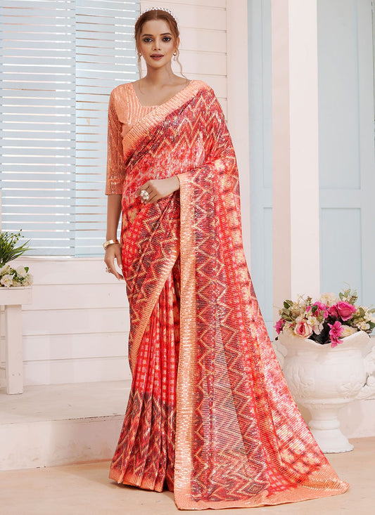 Contemporary Imported Orange Sequins Saree