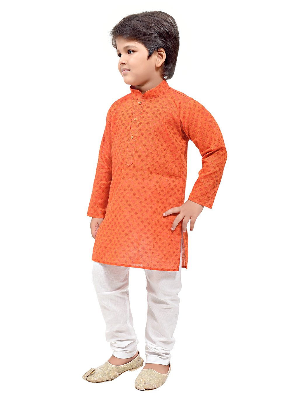 Kurta Pyjama Cotton Orange Print Kids