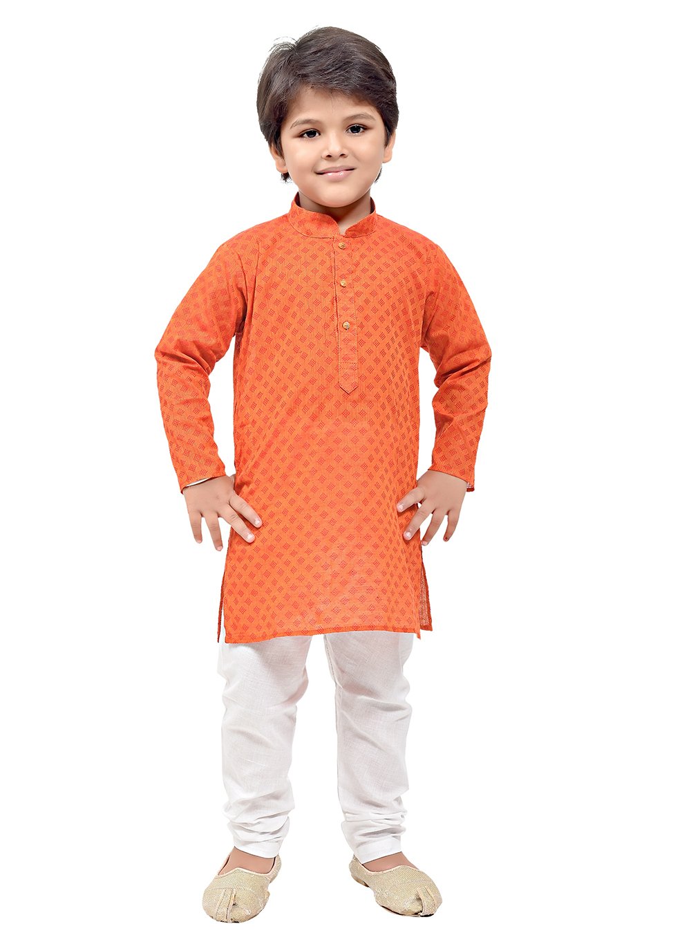 Kurta Pyjama Cotton Orange Print Kids