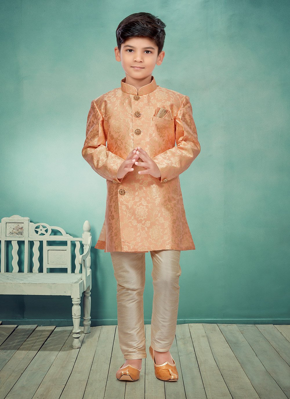 Indo Western Banarasi Jacquard Orange Lace Kids