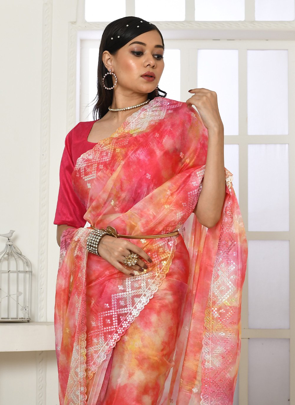 Contemporary Organza Silk Orange Embroidered Saree